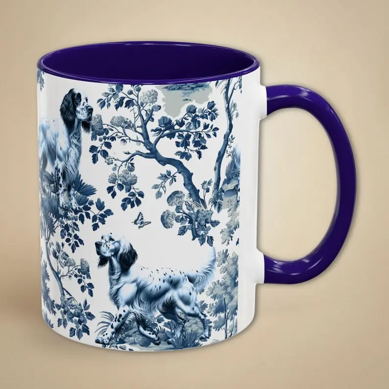 English Setter 11oz Accent Mug Gift for Dog Mom or Dad, New Puppy Toile Coffee Cup, French Country Chinoiserie Bird Hunting Dog Setter Lover Drinkware