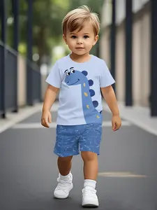 Cute long-necked dinosaur printed short-sleeve set for baby boys, casual kids' clothing for infants, daily and outdoor sports T-shirt, an ideal gift for baby boys!