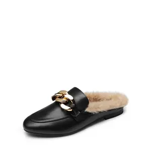 Dream Pairs Women's Chain Closed Toe Fur Lined Mules