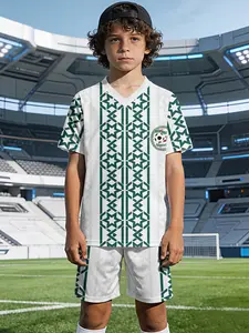 Algerian Star Pattern Boys' V-Neck Sports Short Sleeve and Shorts Set, 100% Polyester, Casual and Loose Fit, Stylish and Fun Printed Patterns for Summer. Suitable for Summer Outdoor Physical Activities and Daily Casual Wear, a Perfect Gift for Boys.