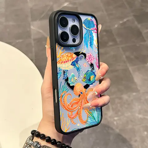 Magnetic TPU Phone Case for iPhone 11/12/13/14/15/16 Pro Max - Chic Octopus Turtle Design, MagSafe Ready, Anti-Slip, Ultra Thin, Durable Aesthetic Mobile Accessories, Magnetic Fit for Daily Protection