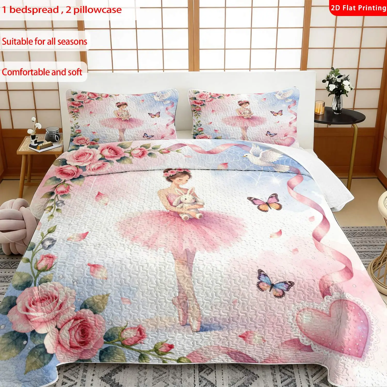 3pcs, 2D Flat Print Watercolor Ballerina Bedspread Set with Roses & Butterflies, Multiple Sizes Available, Bedding Set, Festive Decorative Bedding, Ideal for Bedroom Décor(1 bedspread , 2 pillowcase)