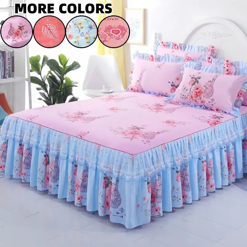 Floral Print Ruffled Edge Bed Skirt Set, 3 Counts/set Including 1 Count Bed Skirt & 2 Counts Pillowcase without Filler, Soft Comfortable Breathable Be