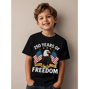 1pc Kids' Eagle Flags Print Black T-Shirt | Crew Neck, Casual Tee, Medium Stretch Knit Fabric, Regular Fit for Boys & Girls, 250 Years of Freedom Pattern, Perfect for Independence Day, Labor Day, Memorial Day, Presidents' Day