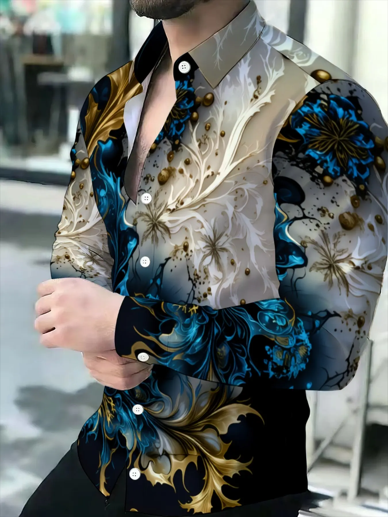 Men's Printed Long Sleeve Shirt, Trendy Design Fashion Floral Casual Shirt, Summer Versatile Men's Top