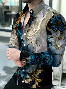 Men's Printed Long Sleeve Shirt, Trendy Design Fashion Floral Casual Shirt, Summer Versatile Men's Top