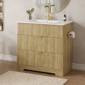 FUSOU 35" Fluted Bathroom Vanity with Sink and Drain Pipe[ Shipping By 2 Packages ] Freestanding Bathroom Vanity Cabinet with 2 Storage Drawers, Towel Holder, Farmhouse Bathroom Vanity Sink Combo, Nature Oak