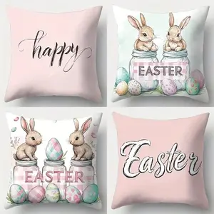 4PC, 2D flat printing, single-sided printing, multiple sizes. Easter Bunny & Eggs Pattern Linen Pillowcase Set Made of polyester fiber, machine washable. Suitable for indoor and outdoor decoration (pillow insert not included, not embroidered).