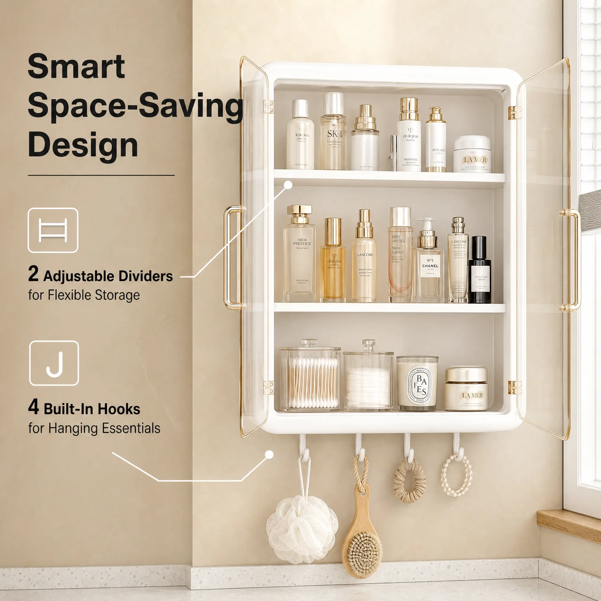 Wall Mounted Small PVC Medicine Cabinet with 2 Shelves, Acrylic Dustproof Door Home Storage Organizer & 4 Built-In Hooks for Flexible Storage and Hanging Essentials