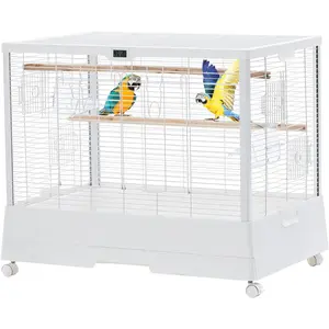 Portable 28 Inch White Metal Flight Cage For Parakeets, Cockatiels, Budgies, Conures, Lovebirds – Removable Tray, Rolling Stand, Perches, Temp & Humidity Monitor – for Small/Medium Birds