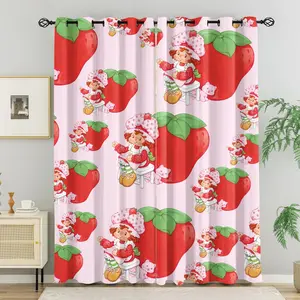 Strawberry Girl Pattern Curtain Set, Suitable For Living Room, Balcony, And Bedroom Windows, Perfect Home Season Festival Room Decoration