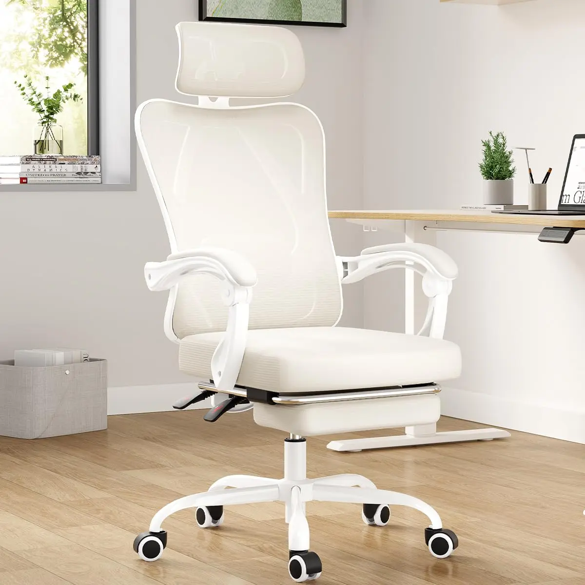 Ergonomic Office Chair with Footrest, Mesh Office Desk Chair with Headrest, High Back Computer Chair with Adjustable Lumbar Support for Home Office Study Room Bedroom, White & Beige