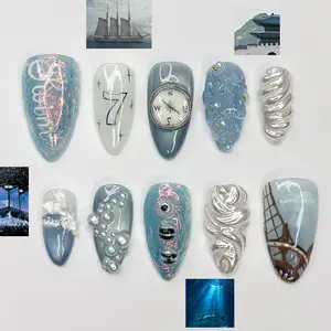Kpop Inspired Celestial Voyage Nails | 7 Spirits Arirang Press Ons | Blue Aurora Silver Liquid Metal Nails |3D Fandom Concert Nails