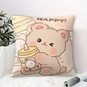 Kawaii Bear & Boba Tea Throw Pillow, Cute Boba Bear Cushion, Cheerful Kawaii Boba Bear Vibes Accent Pillow, Durable Square Pillow for Couch, Sofa, Bed & Bedroom, Perfect for Snuggling & Kawaii Room Decor