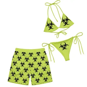 Biohazard Recycled Matching Couple Swimwear Set, Neon Green Toxic Symbol Print Bikini & Men Swim Shorts, Perfect Gift for Couples
