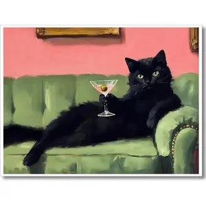 Funny Black Cat With Martini Canvas Wall Art Cute Cat On Green Sofa Posters Cocktail Bar Cart Print Quirky Whimsical Eclectic Painting For Bar Kitchen Bedroom Living Decor 12x16in Unframed