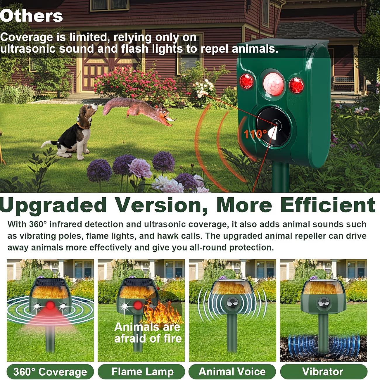 2026 Upgraded Solar-Powered Animal Repeller with Soundwave technology Flame Light & Motion Sensor - 360° Infrared Sensing, 5 Modes, Dog & Wildlife Deterrent for Birds, Skunks, Rabbits, Squirrels, Deer, Soundwave technology Solar Animal Repellent