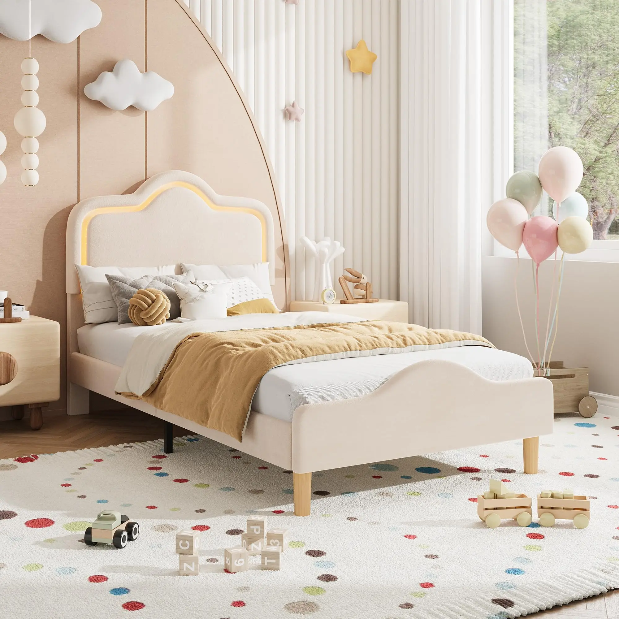 Garvee Full Size Velvet Upholstered Princess Platform Bed with Adjustable Headboard, LED Light Up Frame, Wooden Slats, Footboard, No Box Spring Needed - Beige