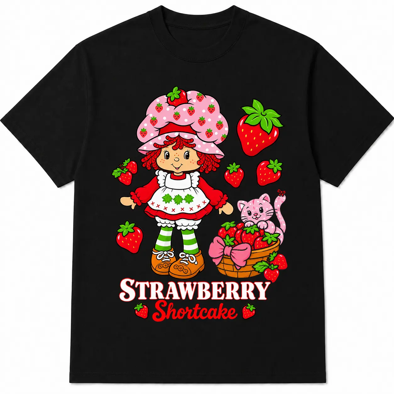 100% Cotton Cute Strawberry Girl Graphic T-Shirt, Retro Berry Cartoon Cat Tee, Unisex Kawaii Fruit Shirt for Summer, Casual Outfits & Cute Gifts sohochic