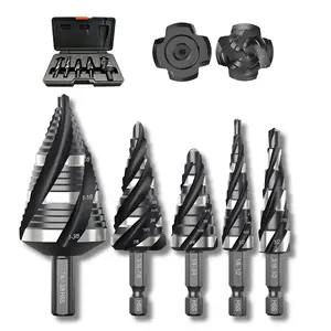 NEW Step Drill Bit Set, 5-PCS- Four Spiral Groove  Set of hex Shank Step Drill Bit Suitable for Aluminum, Wood Plastic, Metal and Other Materials Four-Spiral Metric Flute Multi-Material Nitrided HSS high speed steel tools