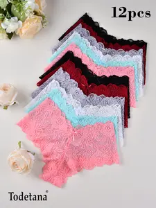 Women's 12pcs Bow Decor Scallop Trim Lace Panty, Soft Breathable Knicker for Daily Wear, Ladies Underwear for All Seasons, National Day Offers, Travel Low-Rise Lace Panties with Quick-Dry Mesh, Durable Waistband, 6 Nature Colors