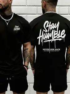American street style Stay Humble letter print short-sleeve men’s T-shirt, double front/back prints, summer trendy versatile casual Cotton Menswear Crew Neck Graphic Tee Top Womenswear Streetwear Print Tshirt