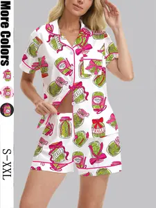 Women's Sleepwear Set, Loungewear, Pajamas, Cucumber Can Print, Short Sleeve Button-Down Top & Elastic Shorts, Casual Home Wear, All Seasons