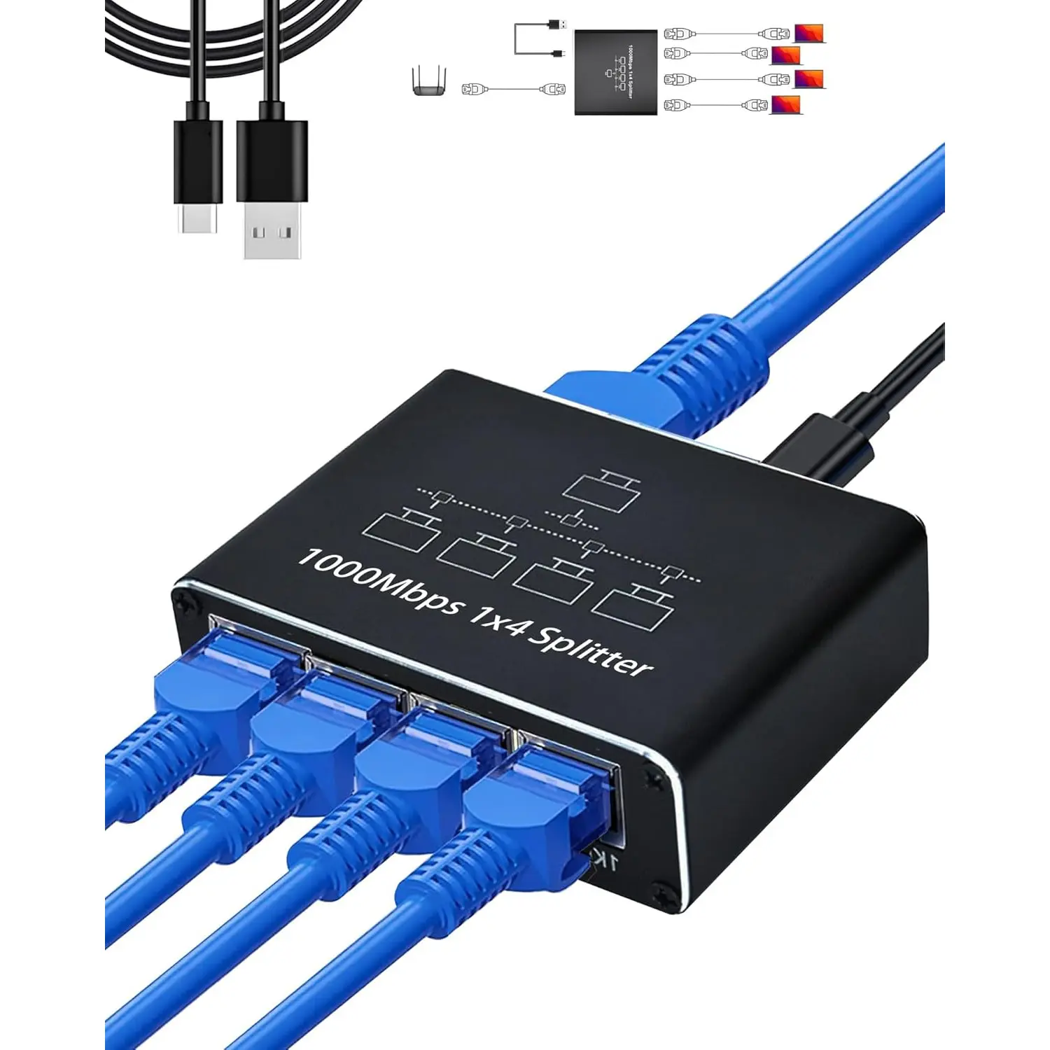 Gigabit Ethernet Splitter 1 to 4,RJ45 Internet Splitter for Cat 8/7/6/5e/5