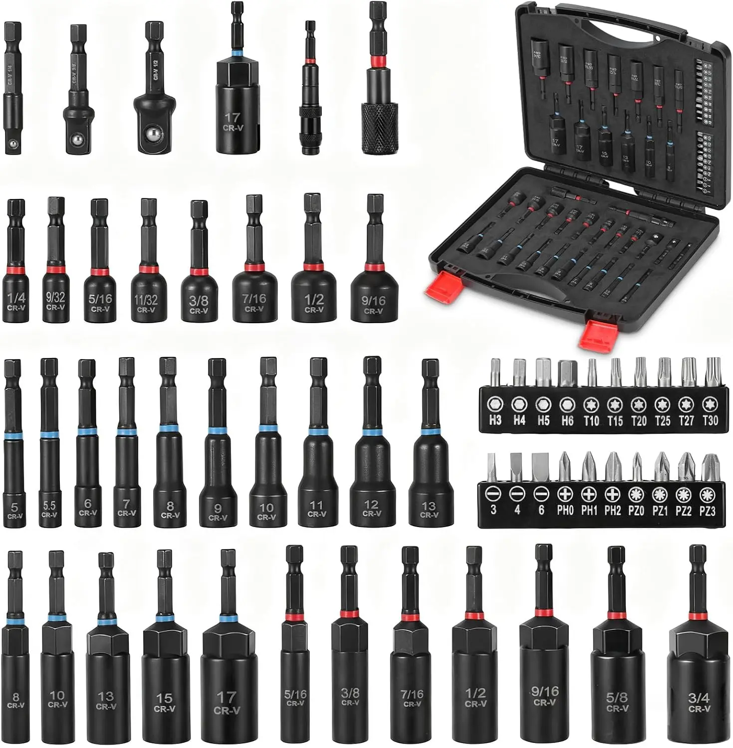 56PCS Magnetic Impact Nut Driver Set, Metric & SAE Nut Driver Set with Socket Adapters, Bit Holder, Wing Nut Driver, Universal Sockets, Quick Release Extension, Power Bits (Hard Case Included)