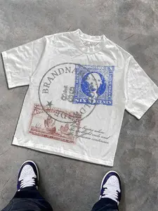 Men's Loose Fit Fashion Graphic Print T-Shirt, Round Neck, Vintage Stamp Pattern, Casual Daily Wear, Unisex, Youth College Street Style