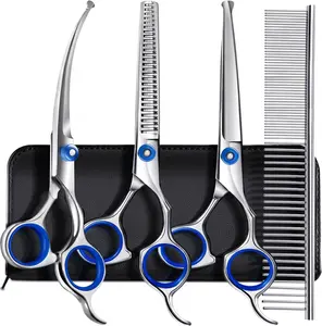 5 in 1 Professional Grooming Scissors for Dogs 4CR with Safety Round Tip, Heavy Duty Titanium Coated Straight & Thinning & Curved Shears