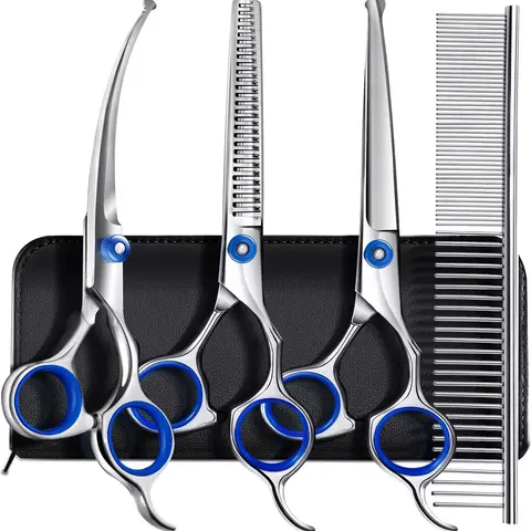 5 in 1 Professional Grooming Scissors for Dogs 4CR with Safety Round Tip, Heavy Duty Titanium Coated Straight & Thinning & Curved Shears