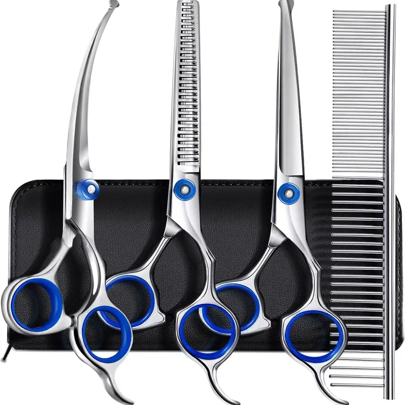 5 in 1 Professional Grooming Scissors for Dogs 4CR with Safety Round Tip, Heavy Duty Titanium Coated Straight & Thinning & Curved Shears
