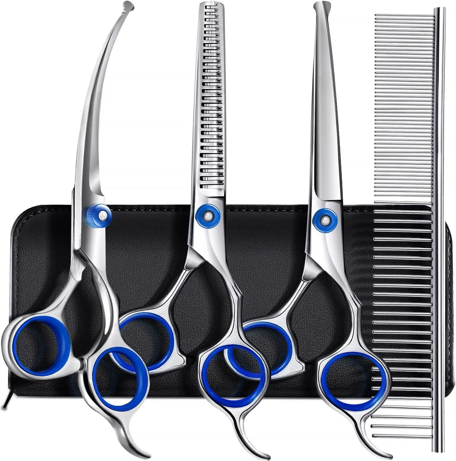 5 in 1 Professional Grooming Scissors for Dogs 4CR with Safety Round Tip, Heavy Duty Titanium Coated Straight & Thinning & Curved Shears