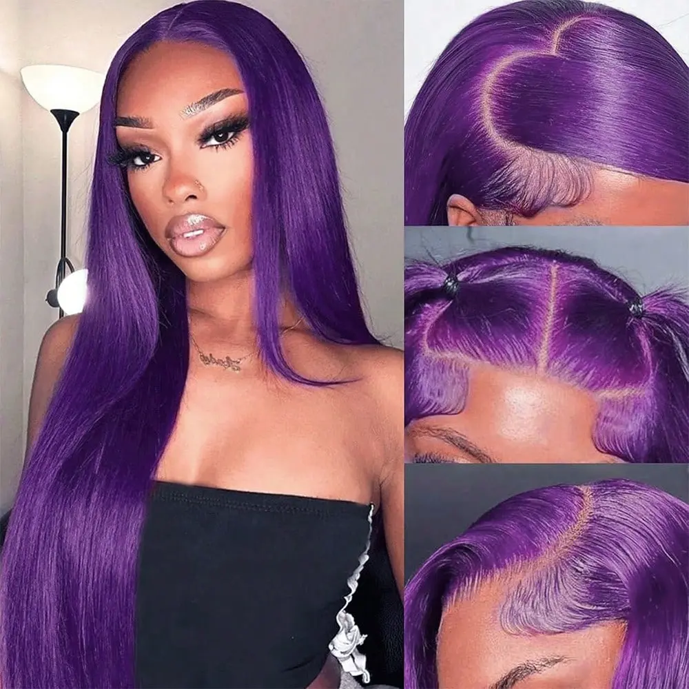 Stunning Purple Hair Synthetic Lace Front Wigs 26 Inch Pre Plucked Long Straight Hair Wigs 13X4 HD Lace Wigs Glueless Dark Purple Colored Wigs Heat Resistant Wigs Deep Purple Long Silky Straight Lace Front Wigs For Fashion Women Daily Party Cosplay Use