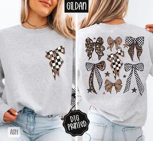 Checkered Bows Front & Back Sweatshirt, Trendy Women's Crewneck
