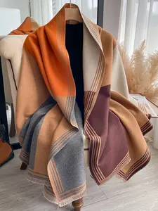 Double-Sided Colorblock Thick Scarf Shawl, Geometric Pattern, Casual Fall & Winter Wear, Warm for Air Conditioning Rooms
