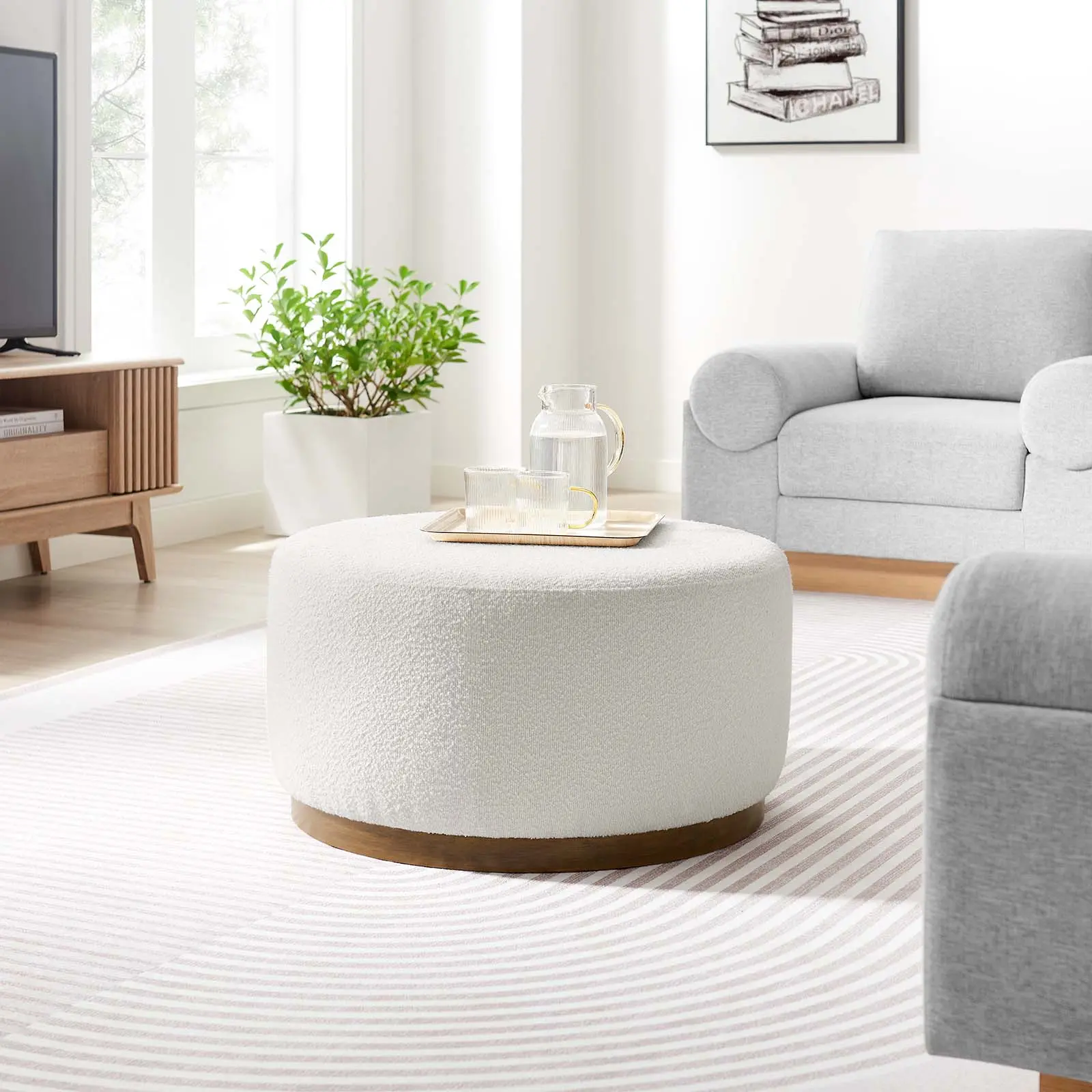 Modway Tilden Large 29" Round Boucle Upholstered Furniture Ottoman, Footstool, Upholstered Stool in Cloud Walnut
