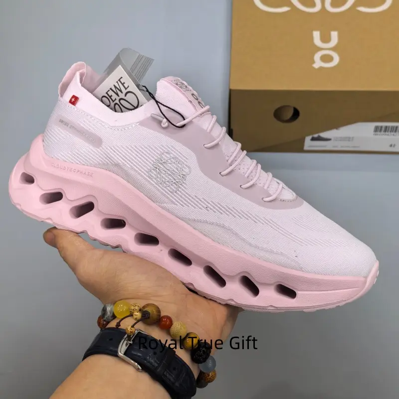 White pink gradient hollow chunky cushion running sneakers breathable knit mesh upper segmented stripe rubber anti slip outsole lightweight daily walking jogging sport shoes for women sweet casual street wear