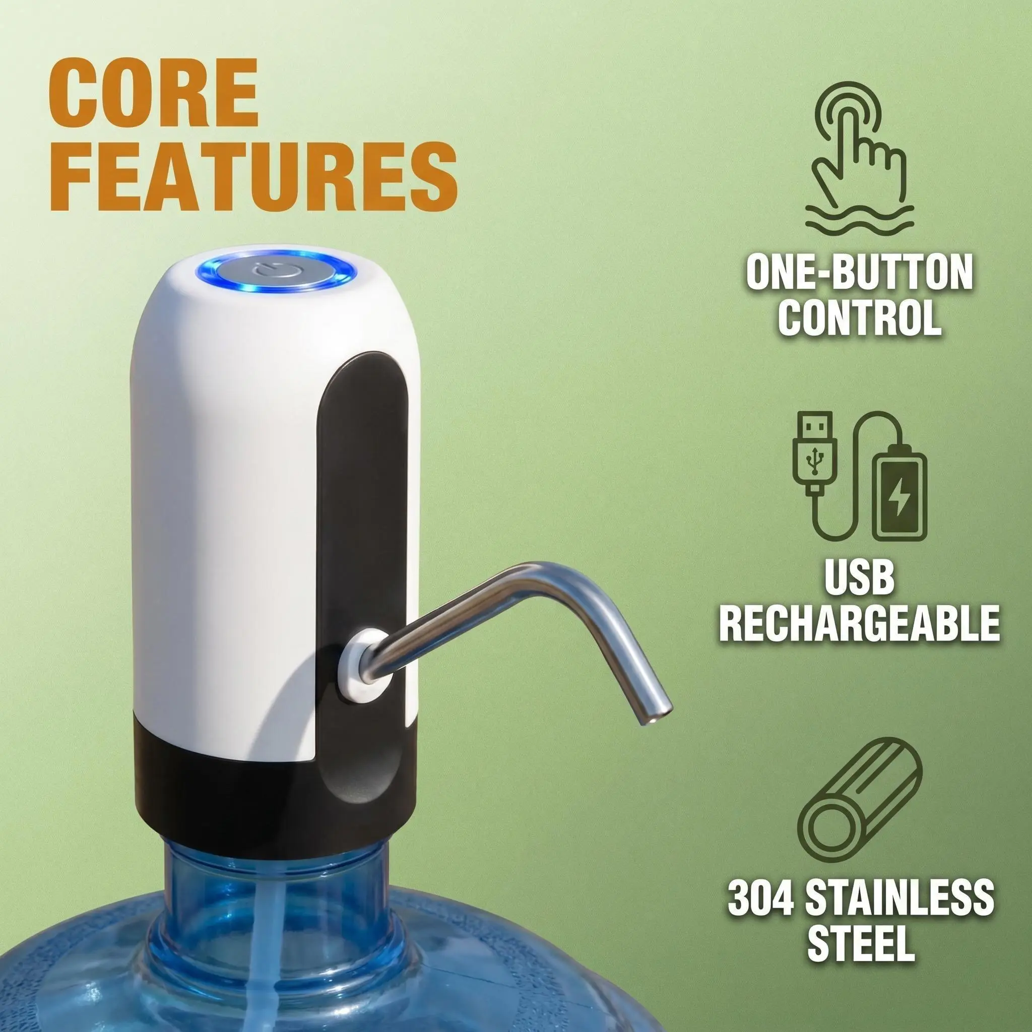 5Gallon Cordless Wireless Plastic Water Dispenser for Bottled Water - Rechargeable Electric Pump with Type-C Port, Silicone Hose, Stainless Steel Spout, Compact Design for Home Gym, Kids Use