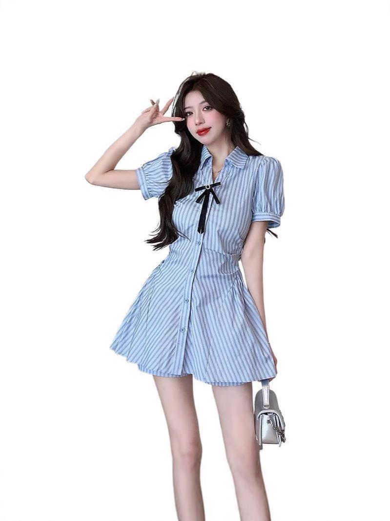 Preppy striped button-down dress | A-line mini dress with bow detail