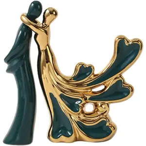 Ceramic Couple Statues Lover Sculpture Modern Home Decor Aesthetic Abstract Decorative Statue Table Decorations for Living Room Bedroom Dining Table Centerpiece Office (Green and Gold)