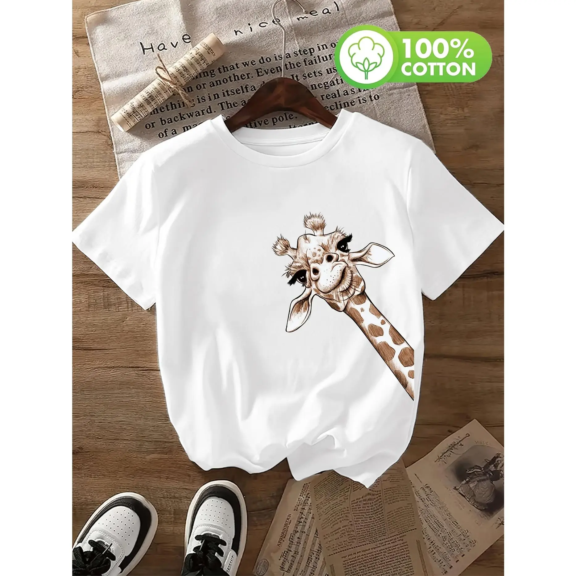 Women's Casual Short Sleeve Cotton Knit T-Shirt - Animal Giraffe Print, Soft Breathable Fabric, Round Neck Summer Fashion Top, Comfortable Fit