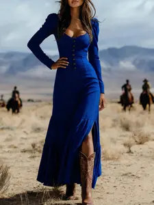 New Arrival Western Style Dress, Buttoned Pleated Long Sleeve Sexy Maxi Dress, Vintage Cross-Border Fashion, Womenswear, Women's Clothing