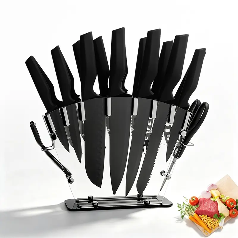 19-Piece Kitchen Knife Set, High Carbon Stainless Steel Sharp Knives, Includes Serrated Steak Knives, Chef’s Knife, Bread Knife, Kitchen Scissors, Knife Sharpener Stick & Acrylic Storage Block, All-in-One Cutlery Set