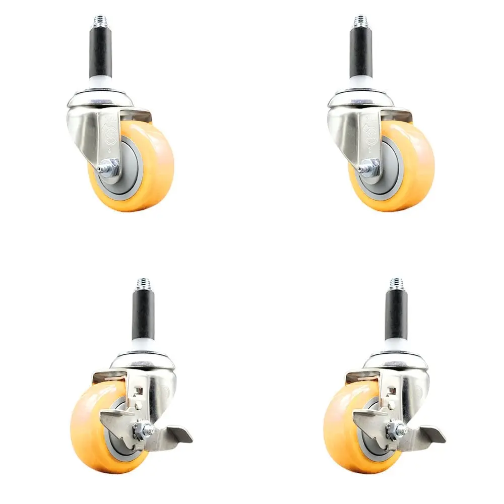 212 MAIN Service Caster SCC-SS316EX20S314-PPUBYEL-2-TLB-2-34 Polyurethane Swivel Stem Caster with 3 in. Yellow Wheels, 0.75 in. Expanding Stem, 316 Stainless Steel Build, Top Lock Brake - Set of 4
