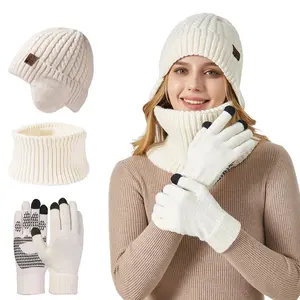Winter Knit Set 3 Pieces, Thermal Hat Scarf and Gloves Set, Touchscreen Texting Gloves with Warm Knit Scarf and Beanie, Cold Weather Gear for Men Women Outdoor Skiing Snow Activities
