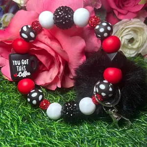 Motivational comforts Wristlet Keychain color scheme red, white, polka dot print and bling beads made with wire