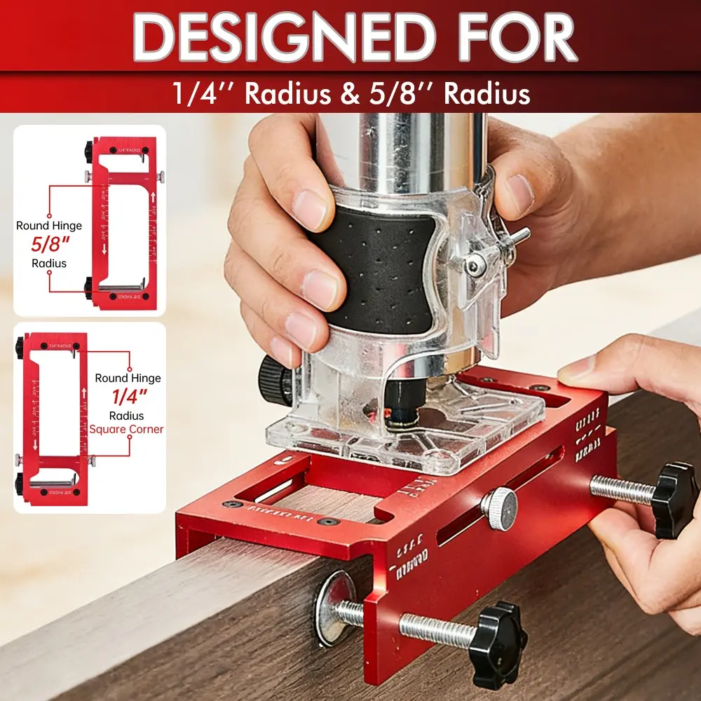 Door Hinge Jig and Lock Installation Kit, Hardware, Concealed Hinges, Aluminum Router Template for Hinge Mortise, Adjustable 6.35cm to 12.70cm, 0.64cm Thickness, 5/8 Inch Radius