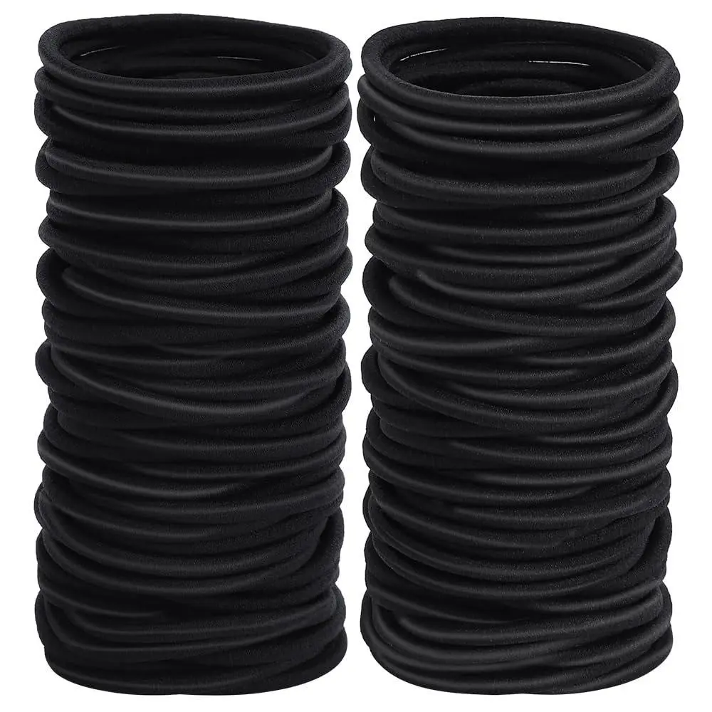 Hair Ties 100pcs Pack, Plain Black 4mm Nylon Elastics for Women & Kids, 2 Inch No-Damage Ponytail Holders for Thick Hair & Sports, Hair Rubber Bands No Damage